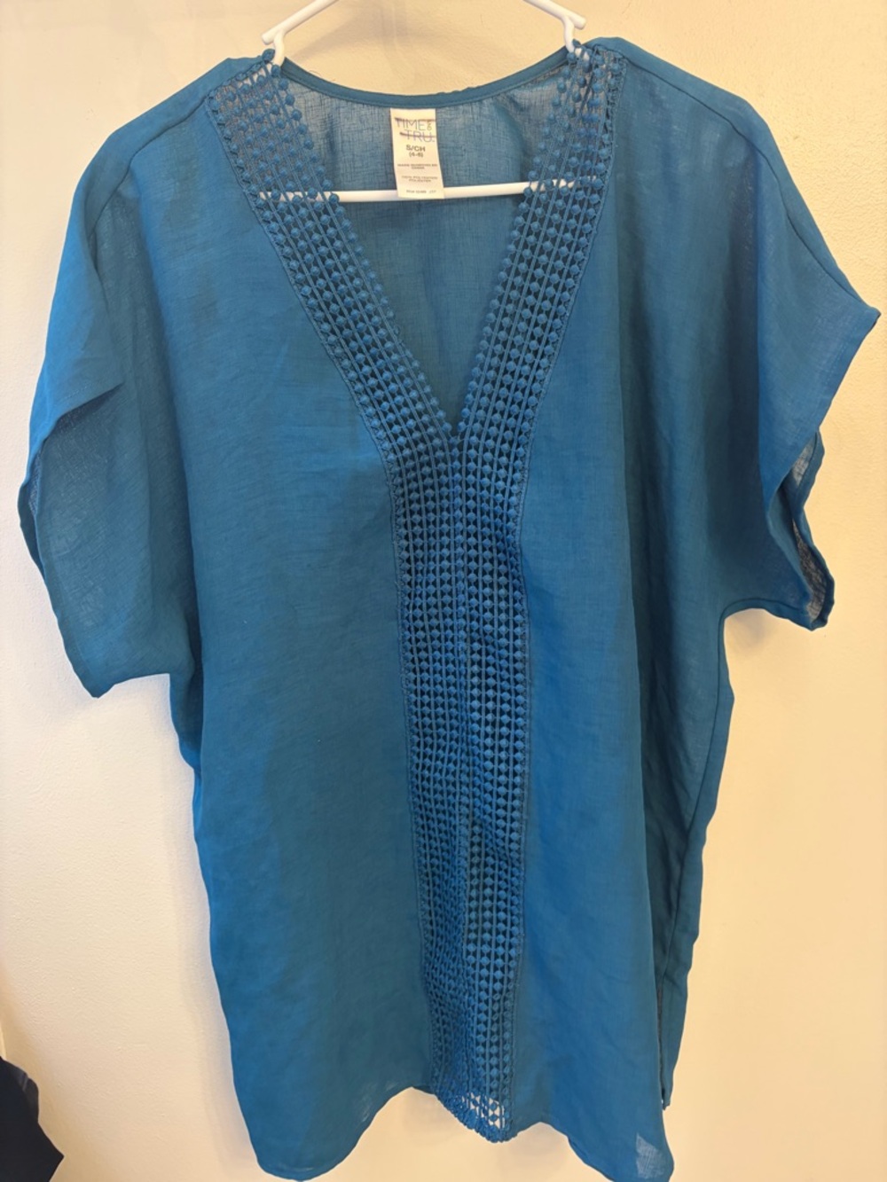 Time and Tru Teal-Blue Crochet V-Neck Swim pool beachCoverup small 4/5 runs big